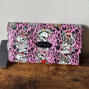 Ed Hardy Pink Tattoo-Inspired Skeleton Women’s Long Wallet Fold Out NWT
